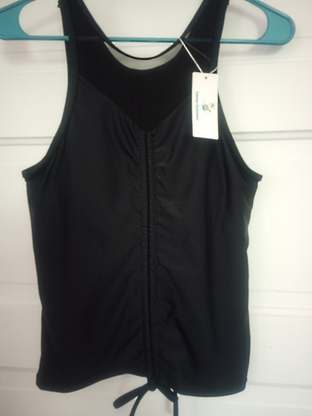 Black Racerback Tankini Top with Drawstring Front - Picture 1 of 5